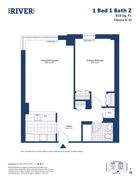 Floor plan for 1 bed, 1 bath, 819 sqft